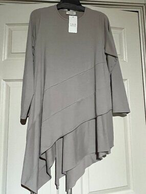 Saga Italy womens pullover cotton knit tunic top asymmetric hemline OS Taupe